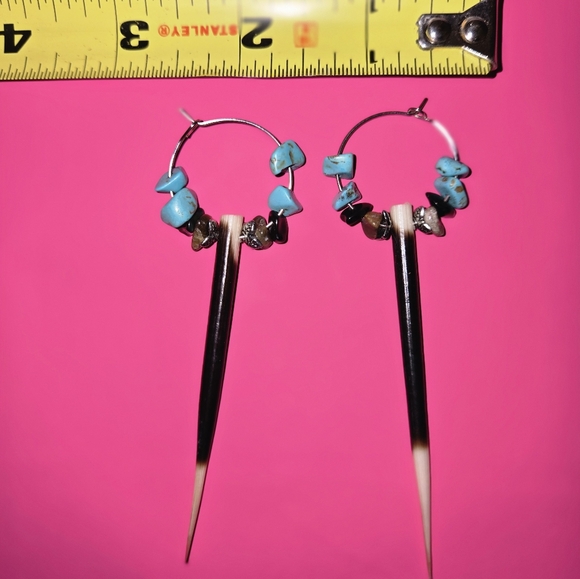 Porcupine Quill Silver and Turquoise Hoop Earrings - Picture 2 of 3